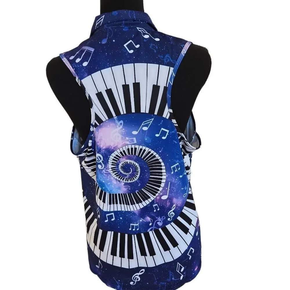 Womens Sleeveless Polo Top Featuring Print of Piano Keys and Musical Notes Size - Picture 4 of 8